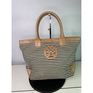 Tory Burch Tote Bag Border Canvas Shoulder White Beige Camel Brown Bag Bag Hand